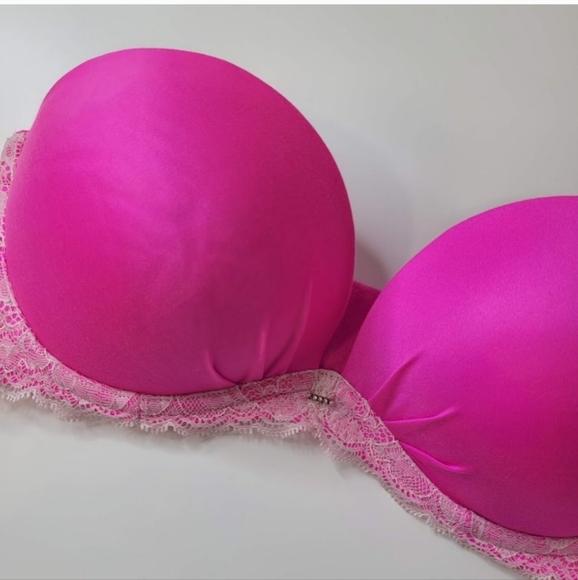 Victoria's Secret Push-Up Strapless Hot Pink Jewel Lace Underwire Ivory 32D Bra - Picture 8 of 12